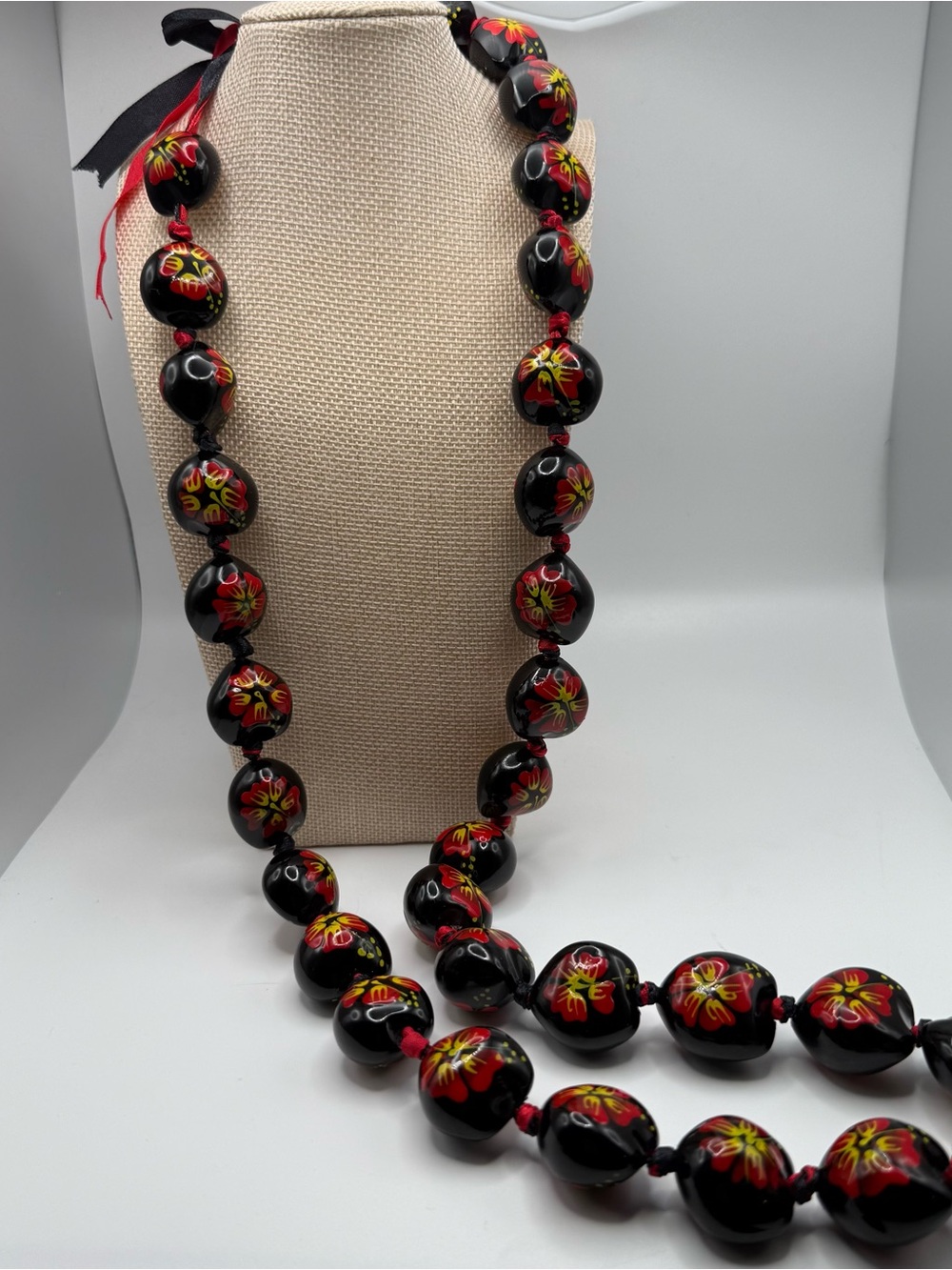 Kukui Nut Lei Hibiscus Red Flower Necklace Hawaiian Wedding Luau Graduation